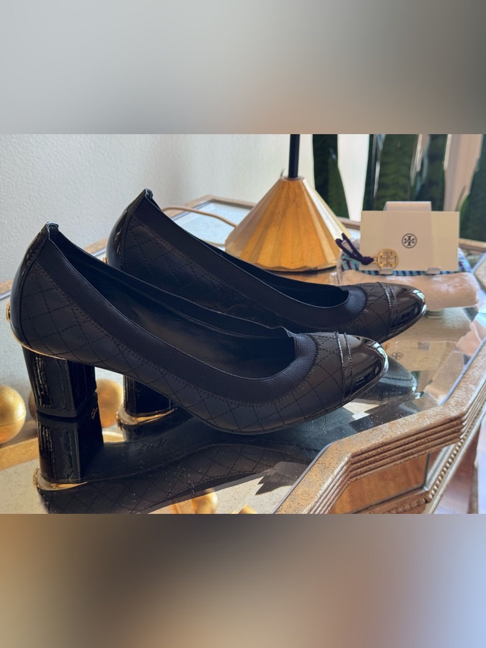 Tory Burch Black Quilted Leather Heels with Patent Cap Toe - Size 9.5